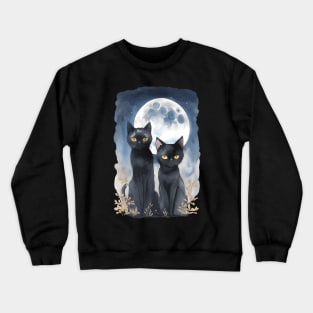 Mysterious black cats under full moon in dark atmosphere, watercolor style Crewneck Sweatshirt